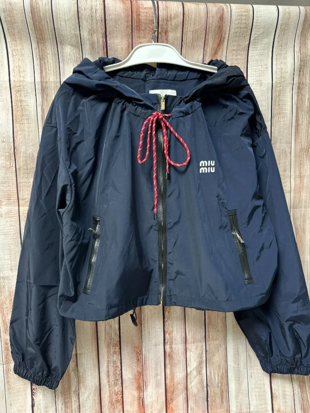 Miu Miu Navy Cropped Hooded Windbreaker Jacket M - Picture 1 of 8